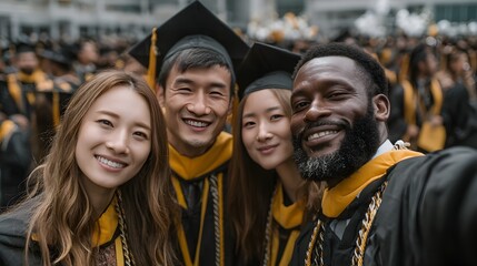 Fototapeta premium Happy diverse group of smiling graduates take a celebratory selfie together in their graduation gowns at an outdoor ceremony.