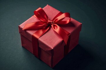 Obraz premium A wrapped gift with a red bow on a dark background, birthday gift, christmas gift