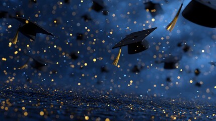Naklejka premium A celebratory flurry of graduation caps and golden confetti joyfully floats in a dark blue sky signifying achievement and success.