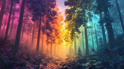 Fototapeta premium A vibrant, colorful forest path, bathed in hues of a spectrum.