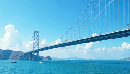 Obraz premium Sky blue suspension bridge against a clear sky , stock, engineering, horizon