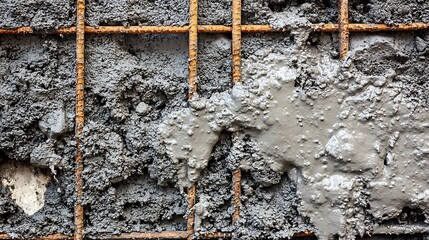close up of a steel rebar mesh being set into a freshly poured concrete wall, the reinforcement bars visible through the semi-transparent concrete, with some excess concrete oozing from the gaps