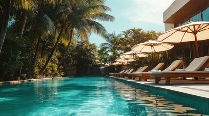 Obraz premium Serene tropical poolside with lounge chairs and palm trees