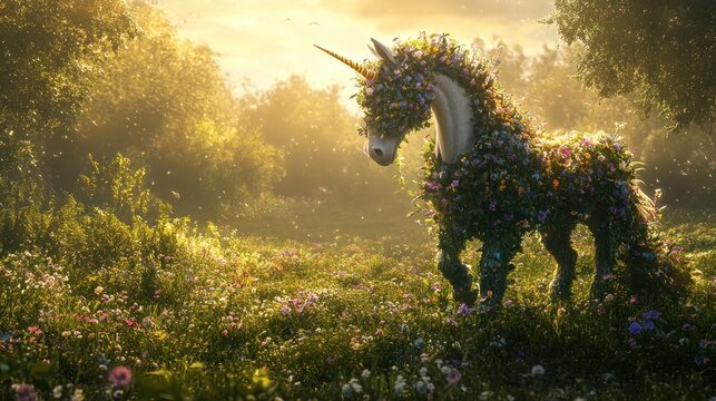 Enchanted unicorn adorned with flowers in a serene meadow