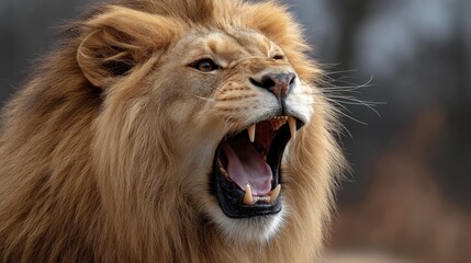 Fototapeta premium Male lion mid-roar, teeth and mane in full focus, background compressed by long telephoto perspective, 300mm lens