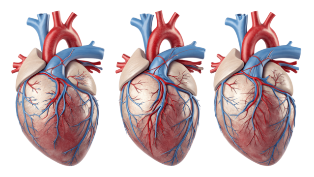 Set of Three Realistic Human Heart Illustrations with Blue and Red Veins Anatomical Accuracy on Transparent Background