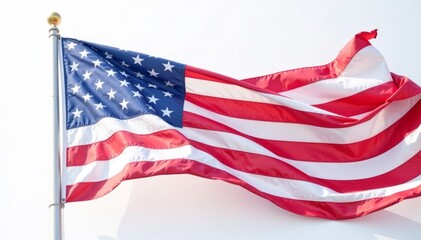 High-resolution image of elegant waving US flag on plain white background with clean edges, Vintage American Flag, White Background