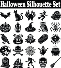 Halloween Silhouette Collection Vector Bundle with 25 Spooky Designs Including Witches Ghosts Bats Pumpkins Haunted Houses and Skeletons Perfect for Crafts Party Decor and Digital Art Projects