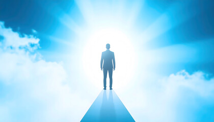 Obraz premium a single person walking towards a bright light, which appears to be emanating from a source in the distance