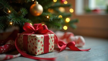 A beautifully wrapped Christmas gift sits under a decorated tree , present, gift wrapping