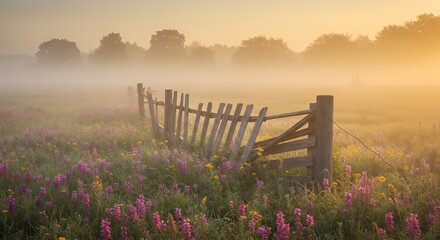 Obraz premium Field Fence in Fog with Wildflowers at Sunrise