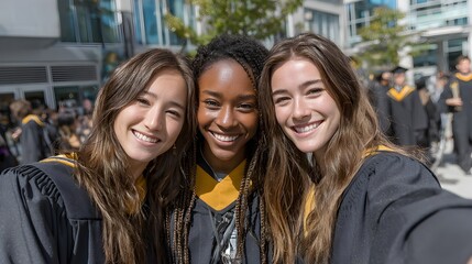 Fototapeta premium Three smiling female graduates in black gowns take a cheerful selfie together on graduation day outside a university building.