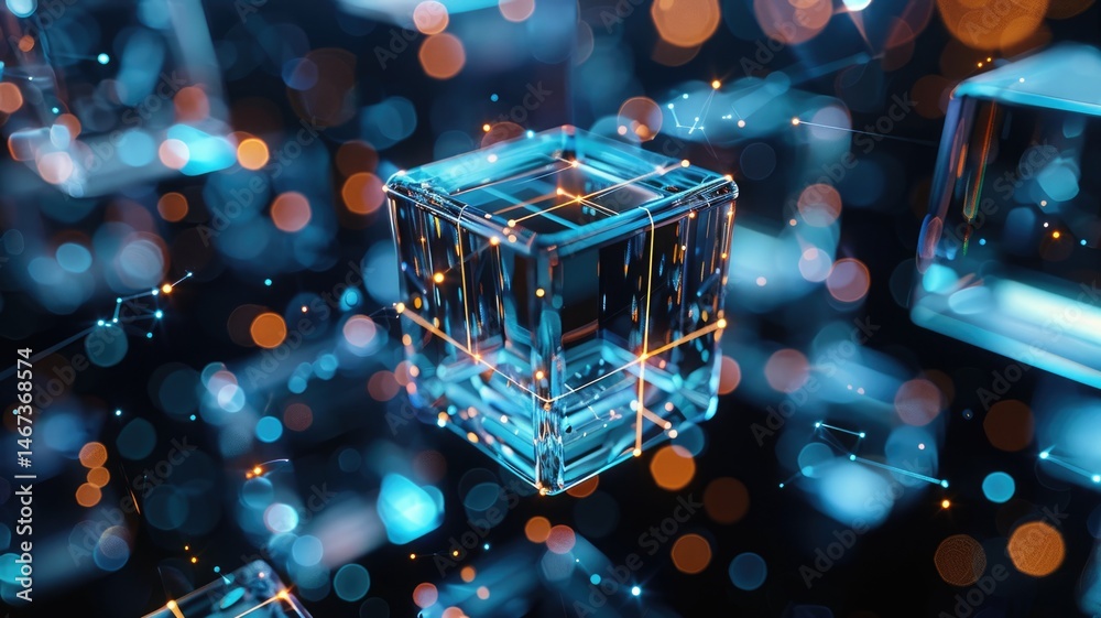 Poster abstract digital art with blue glowing cube and particles. digital artwork of transparent cube with 