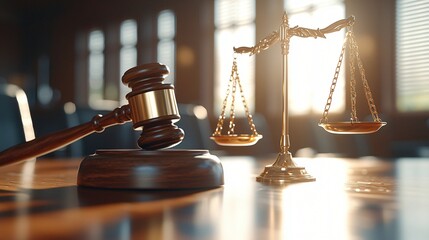 a close-up of a classic wooden gavel and golden scale of justice on a mahogany legal table, softly blurred background with sunbeams through blinds, rich warm colors, high realism, professional