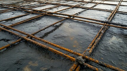 Fototapeta premium close up of steel reinforcement rods with concrete slurry around them, the rebar weaving through the cement with visible tool marks, fresh concrete on the edges