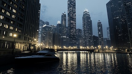 New York City Skyline at Dusk with Illuminated Skyscrapers and Lights High Resolution Picture