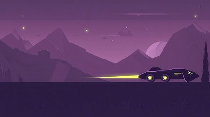 Retro pixel art spaceship cruising alien landscape under a hazy violet sky with mountain range background a nostalgic digital adventure