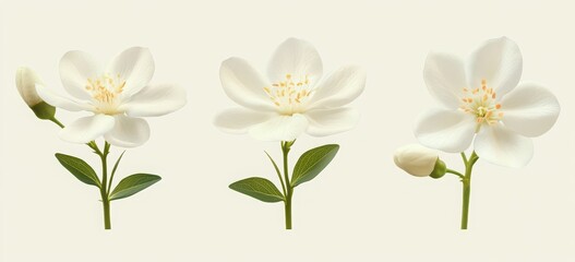 three white jasmine flowers isolated on pure background, front side and back views