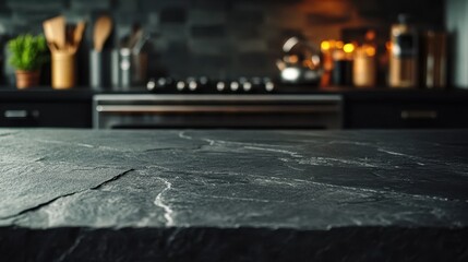Modern matte black slate kitchen countertop enhances sophisticated ambiance with soft lighting in a contemporary kitchen setting