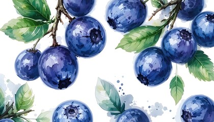 Watercolor-style illustration of ripe blueberries with green leaves, artistically arranged on a white background for a fresh and organic look.