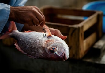 Close-up of hands holding freshly caught red snapper with fishing hook