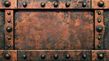 Rusted copper plate showcasing industrial decay with darkened edges and grunge details, reflecting a bygone era of craftsmanship and wear