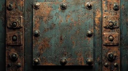 Fototapeta premium Unique rustic copper plate showcasing layers of industrial decay and grunge with darkened edges, inviting an exploration of retro metal textures in striking detail