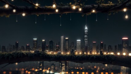 Enchanting Night View: Illuminated City Skyline Framed by Silhouetted Trees and Fairy Lights, with Water Reflections