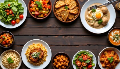 A colorful table spread featuring many different types of foods for a festive meal