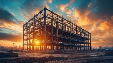 Steel Structure of a Building Under Construction at Sunset with Clouds