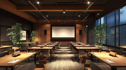 Modern conference room with tables, chairs, and greenery
