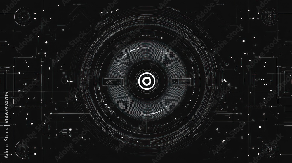 Poster abstract futuristic hud interface with concentric circles and digital elements on dark background.