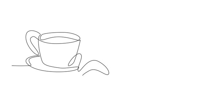 Animation of continuous one line drawing croissant with coffee cup. Drowsiness reliever. Get ready to face heavy overtime. National Croissant Day. Single line self drawing animated. Full length motion