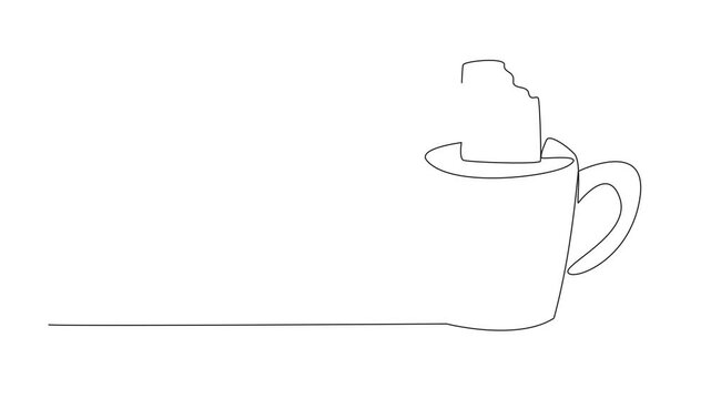 Animation of continuous line drawing mug containing chocolate drink and chocolate bar. A drink and a snack. Relaxing. National Hot Chocolate Day. Single line self drawing animated. Full length motion