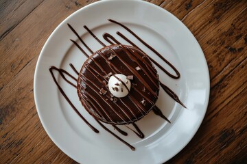 The presentation of a rich chocolate cake with a glaze topping and white sprinkles on a white plate makes it an excellent choice for a dessert that offers an indulgent and pleasurable dining