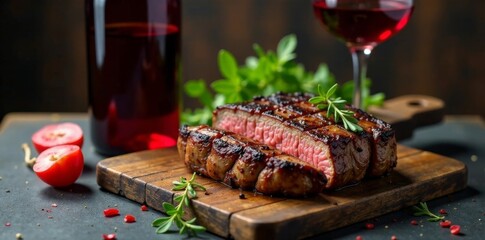 Bottle of red wine and glass on stone near roasted beef steak cut in heart shape , heart shape, steak