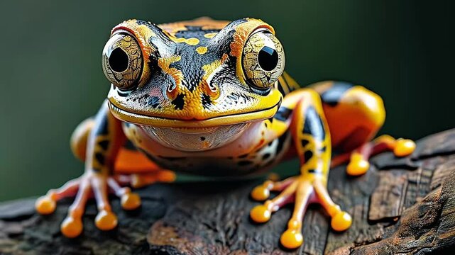 Macro portrait of an exotic frog with patterned skin and vibrant eyes