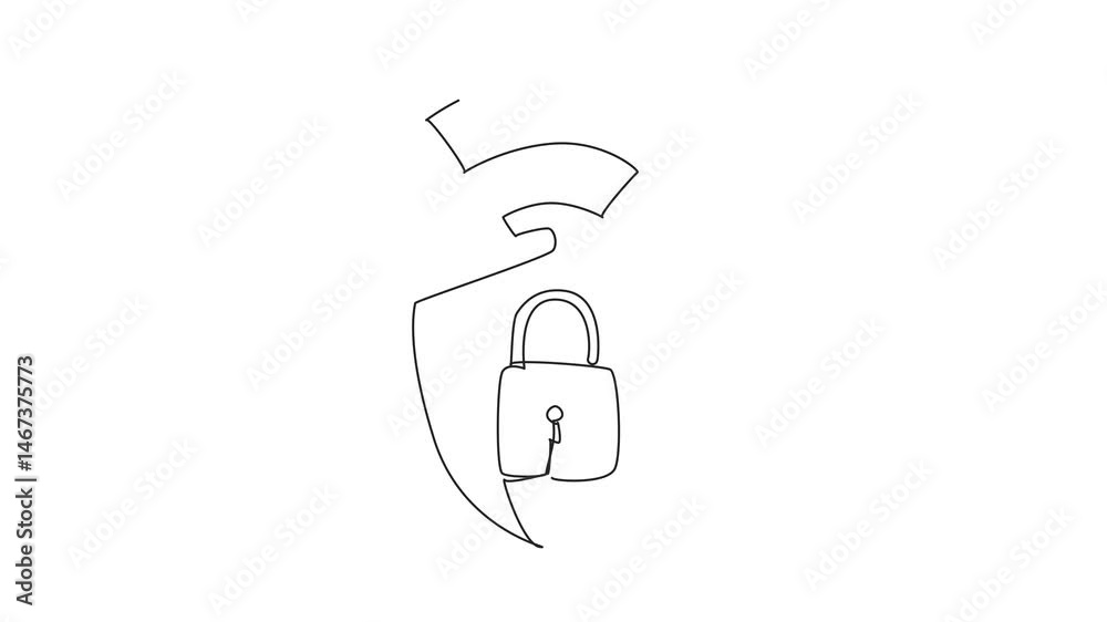Poster animated self drawing of one line drawing shield inside there is a padlock with wi-fi signals. layer