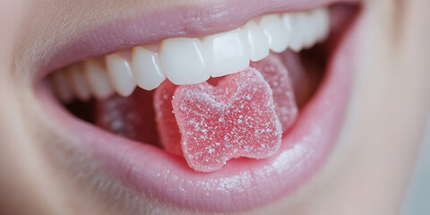 Close-up of a person's mouth with white teeth, pink lips, and a sugary red candy treat. The candy is positioned between the teeth and tongue for a sweet indulgence.