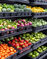 A vibrant display of fresh produce in a grocery store, showcasing a colorful array of fruits and vegetables neatly organized in black containers