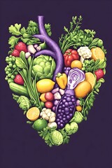 A vibrant heart-shaped arrangement of colorful fruits and vegetables, symbolizing healthy eating