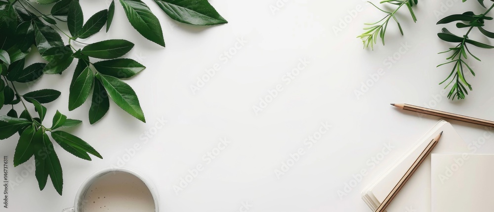 Fototapete flat lay composition of notebook, coffee, and green tropical leaves on a minimal background. creativ