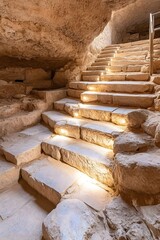 Ancient stone staircase descending into a dimly lit cave