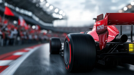 Dynamic rear-angle view of Formula One car as countdown begins, tire grooves deep and shiny, fans in stadium wave flags under gray skies