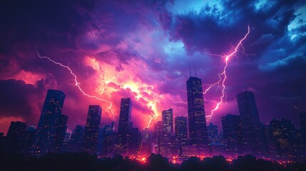 Dramatic Stormy Sky Over City Skyline with Lightning Strikes at Dusk