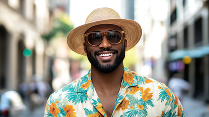 Stylish African American man enjoying summer fashion in a lively urban setting on a sunny day