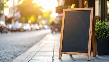Blank wooden framed menu board stands on the sidewalk outdoors with a blurry street background.