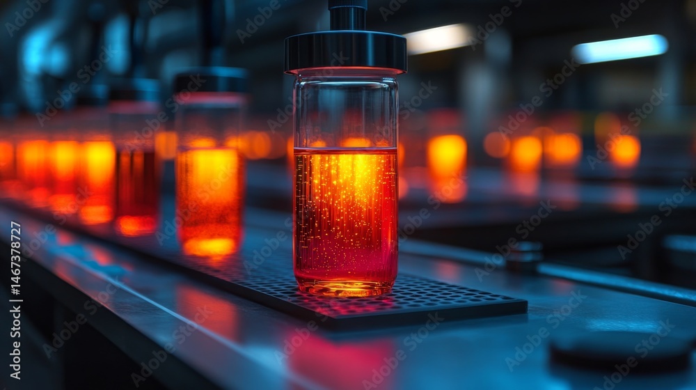 Poster brightly colored glass containers filled with chemical liquids are arranged on a conveyor system in 