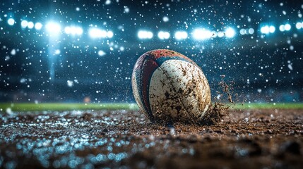 Rugby ball splashes mud in rain during night match action