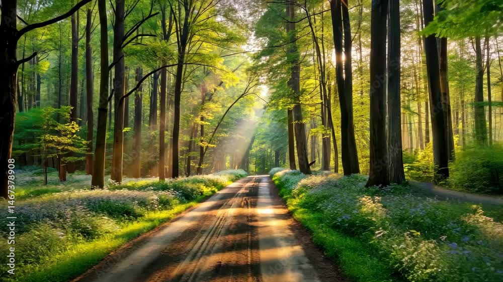 Poster sunlight streams through the trees onto a dirt road in a lush forest.